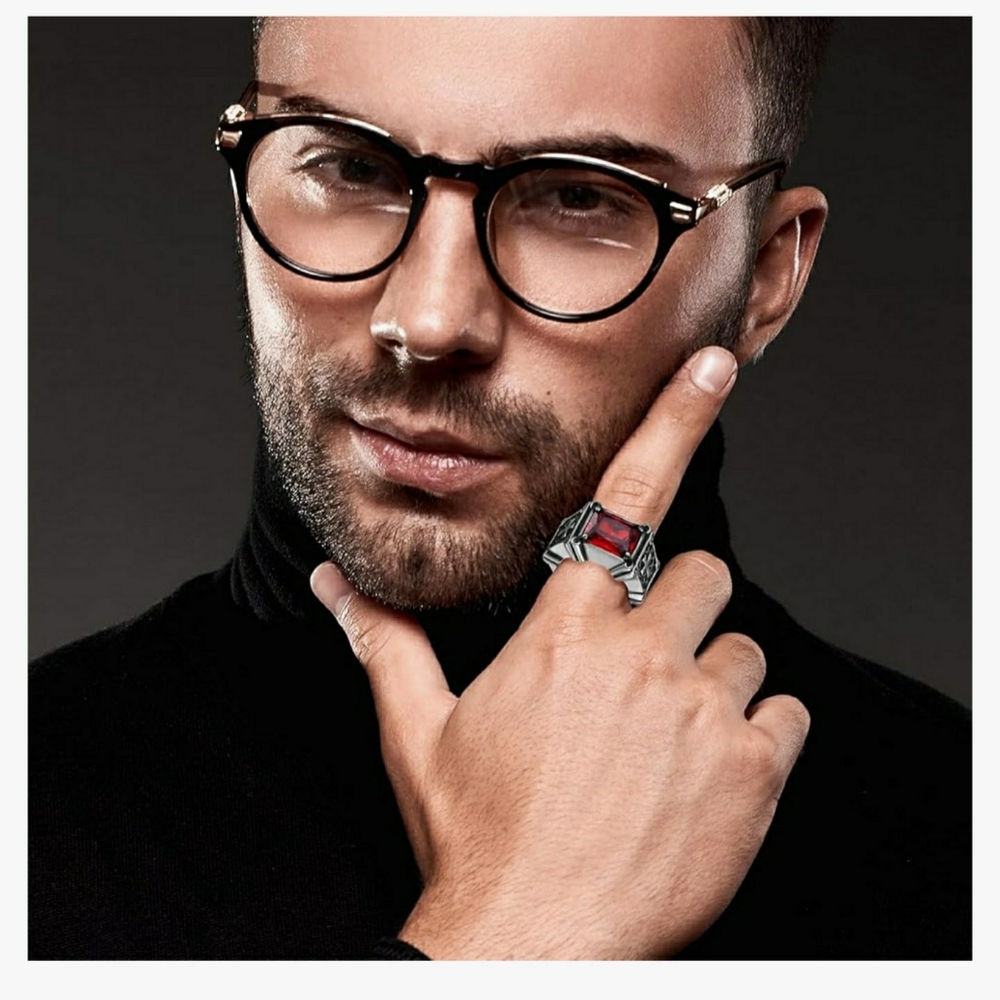 OIDEA NIP  Vintage Stone Men's  Retro Square Red Onyx Agate Stone Stainless 10